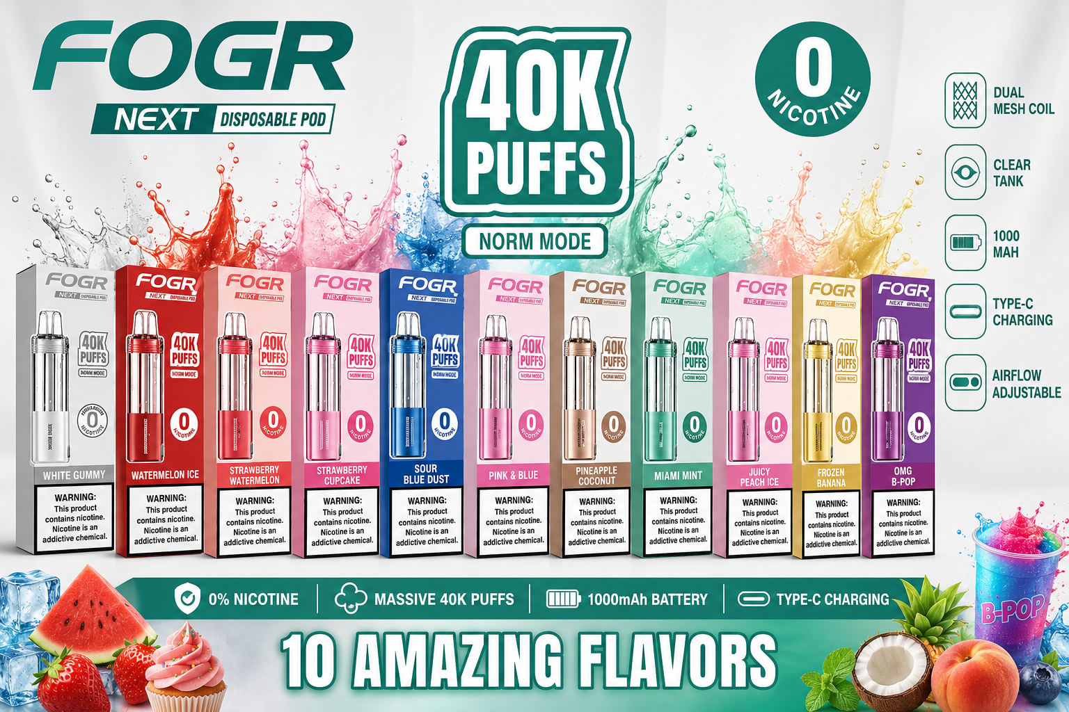 Fogr Next 40K Puffs Zero Nic Disposable Replacement Pod – Display of 5