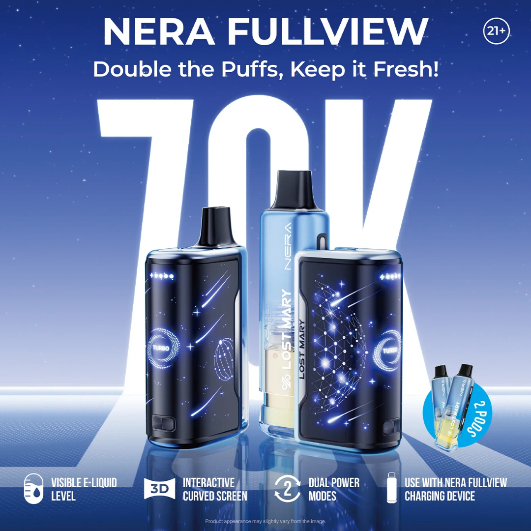 Lost Mary Nera Fullview 70000 Puffs Disposable Kit 1 Battery + 2 Pod 5pk Built in USA