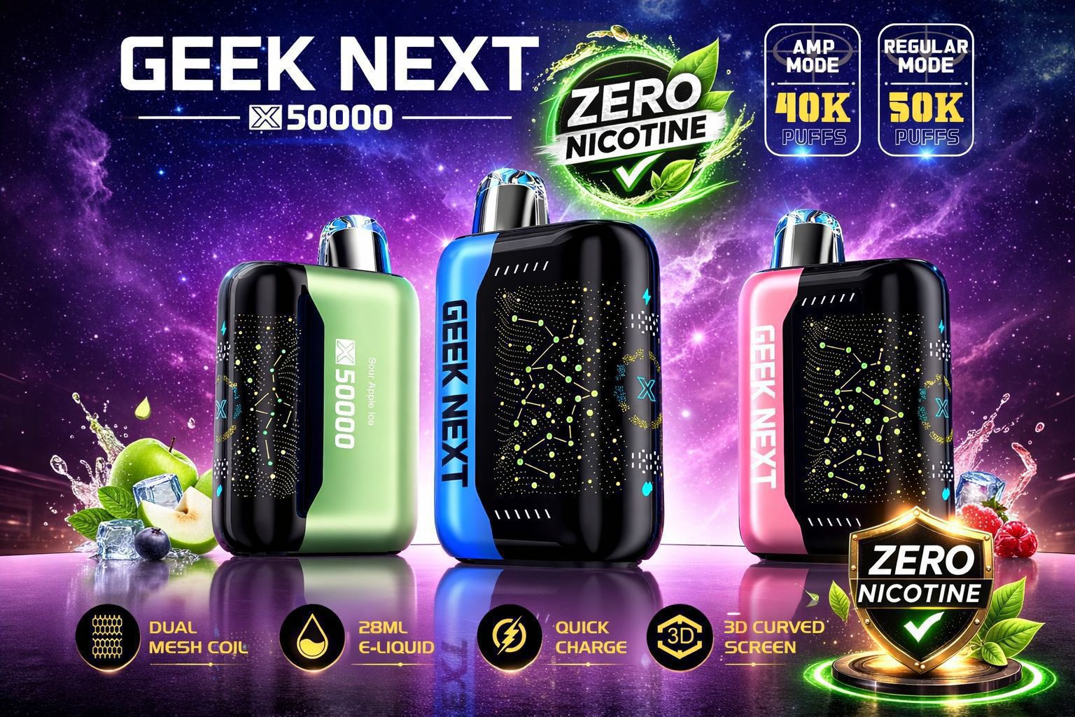 Geek Next 50K Puffs Zero Nic Disposable – Display of 5